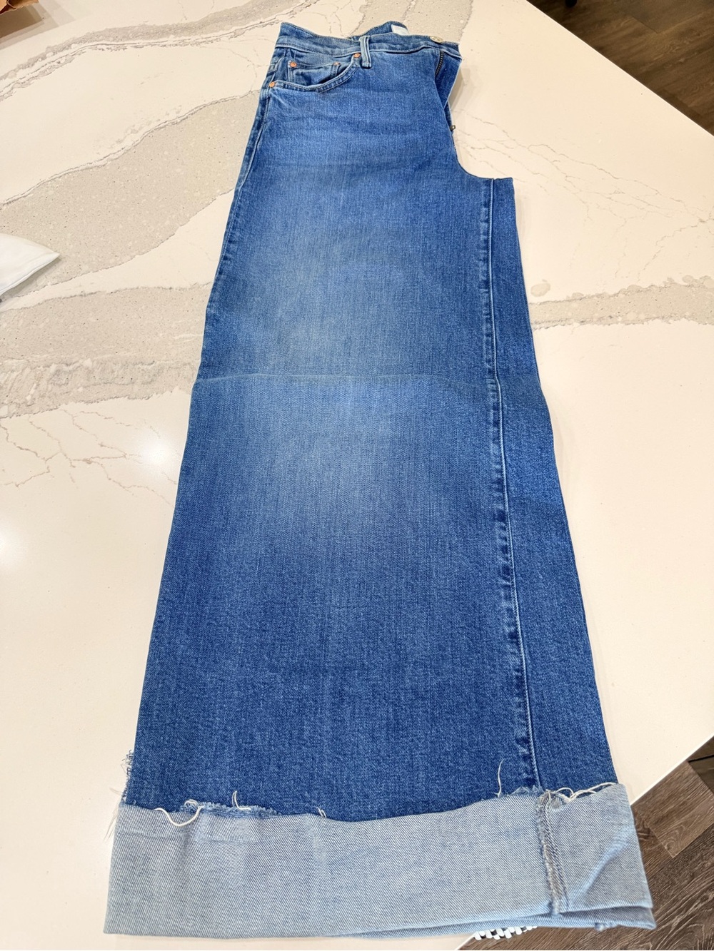 MOTHER Blue Denim Wide-Leg Jeans with Cuffed Hem